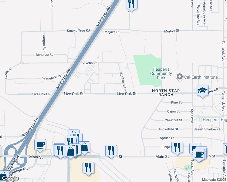map of restaurants, bars, coffee shops, grocery stores, and more near 13588 Live Oak Street in Hesperia