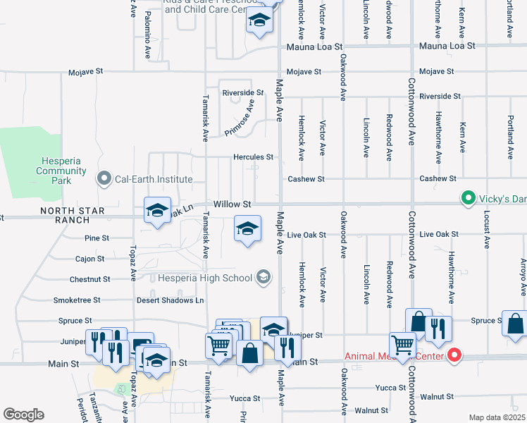 map of restaurants, bars, coffee shops, grocery stores, and more near 14457 Willow Street in Hesperia