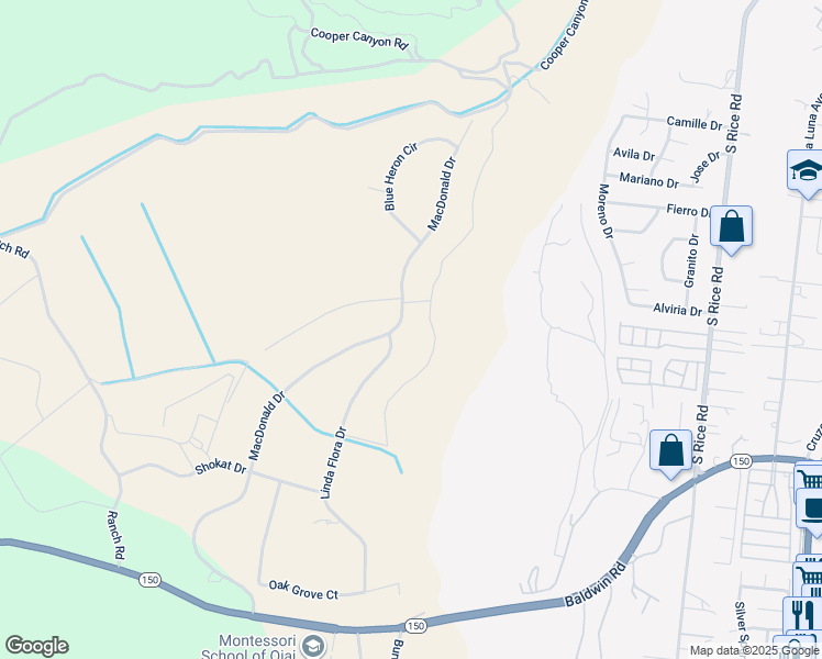 map of restaurants, bars, coffee shops, grocery stores, and more near 12490 Macdonald Drive in Ojai