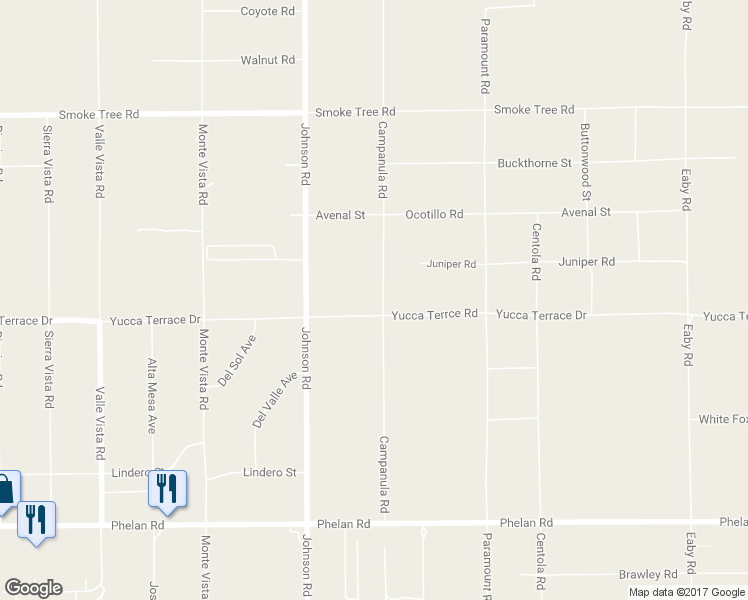 map of restaurants, bars, coffee shops, grocery stores, and more near 10142 Campanula Road in Phelan