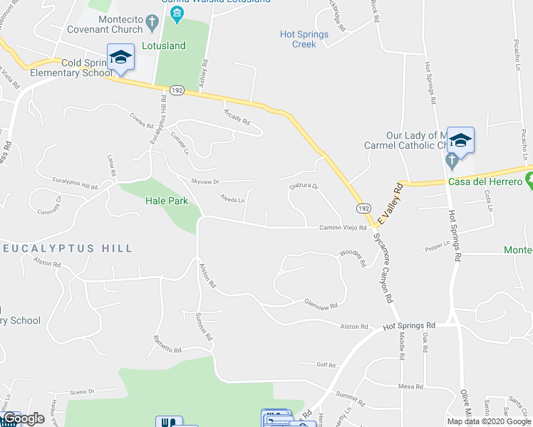 map of restaurants, bars, coffee shops, grocery stores, and more near 425 Alcala Lane in Montecito