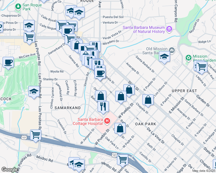 map of restaurants, bars, coffee shops, grocery stores, and more near 2524 De La Vina Street in Santa Barbara