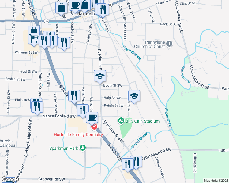 map of restaurants, bars, coffee shops, grocery stores, and more near 202 Thompson Street Southwest in Hartselle