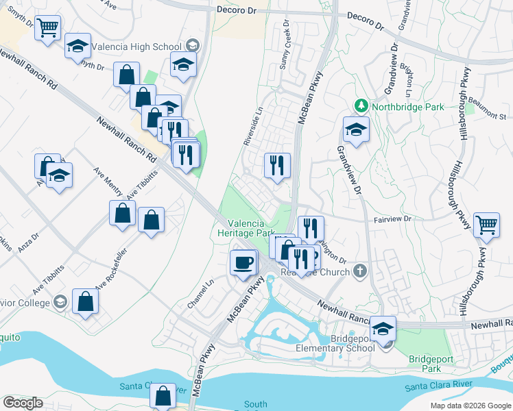 map of restaurants, bars, coffee shops, grocery stores, and more near 24063 Avocado Lane in Santa Clarita