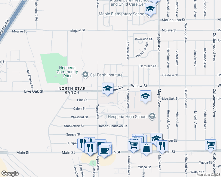 map of restaurants, bars, coffee shops, grocery stores, and more near 14189 Rachel Street in Hesperia