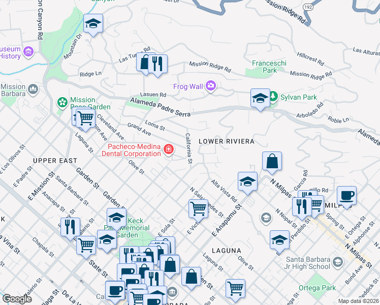 map of restaurants, bars, coffee shops, grocery stores, and more near 601 East Micheltorena Street in Santa Barbara