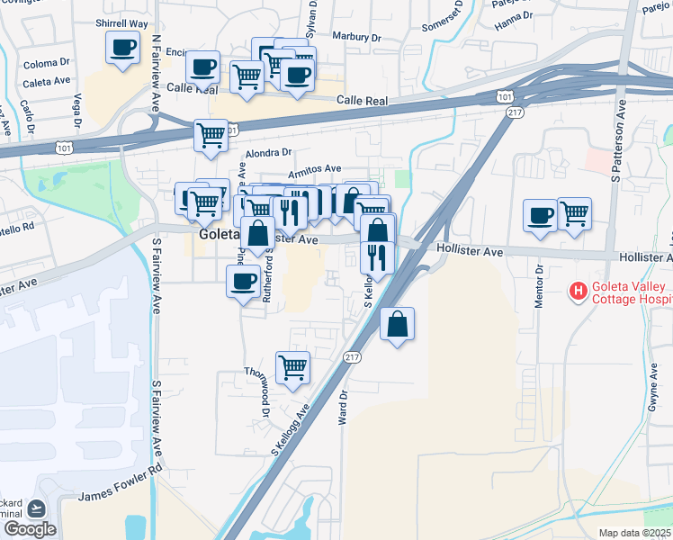 map of restaurants, bars, coffee shops, grocery stores, and more near 425 South Kellogg Avenue in Goleta