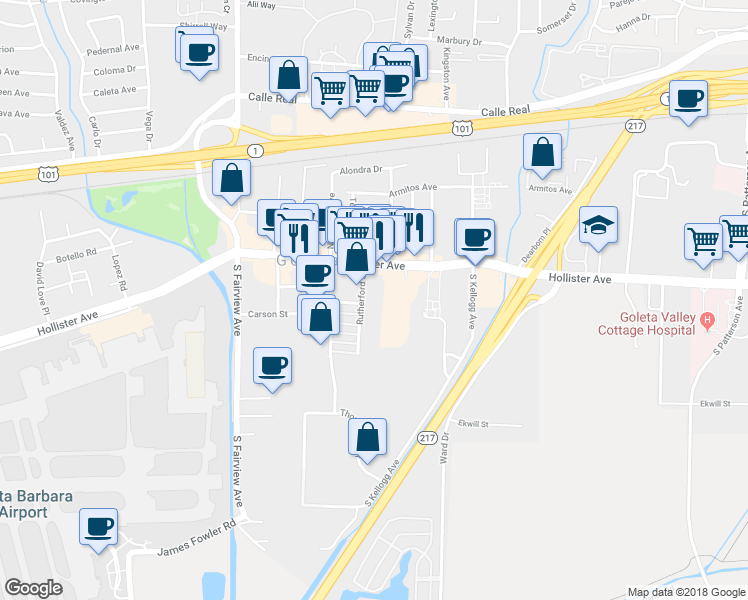 map of restaurants, bars, coffee shops, grocery stores, and more near 340 Rutherford Street in Goleta