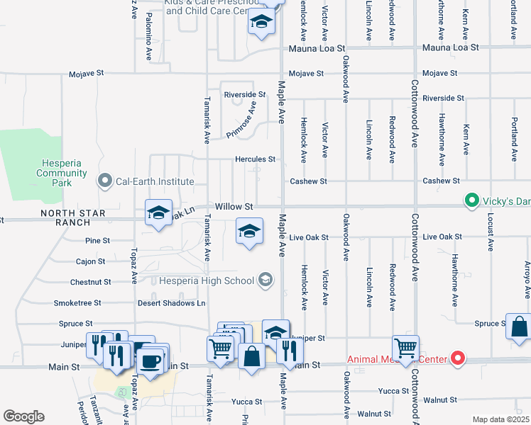 map of restaurants, bars, coffee shops, grocery stores, and more near 14457 Willow Street in Hesperia