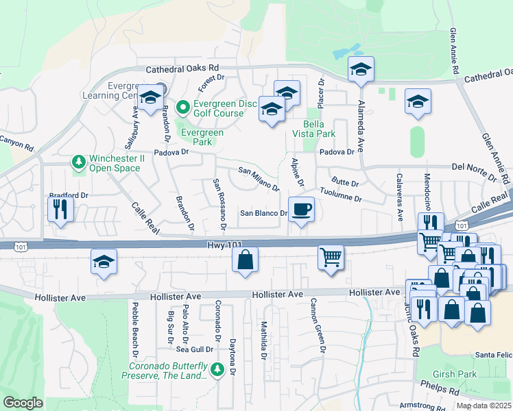 map of restaurants, bars, coffee shops, grocery stores, and more near 7449 San Blanco Drive in Goleta
