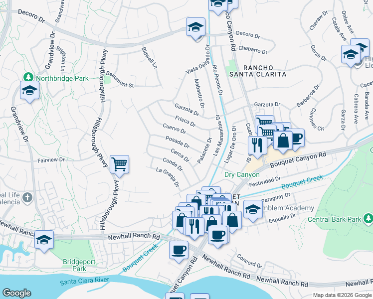 map of restaurants, bars, coffee shops, grocery stores, and more near 22914 Posada Drive in Santa Clarita
