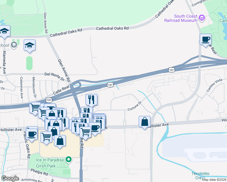 map of restaurants, bars, coffee shops, grocery stores, and more near 44 Castilian Drive in Goleta
