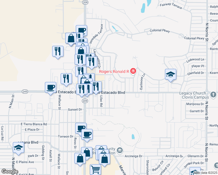 map of restaurants, bars, coffee shops, grocery stores, and more near 3512 Adenmor Court in Clovis