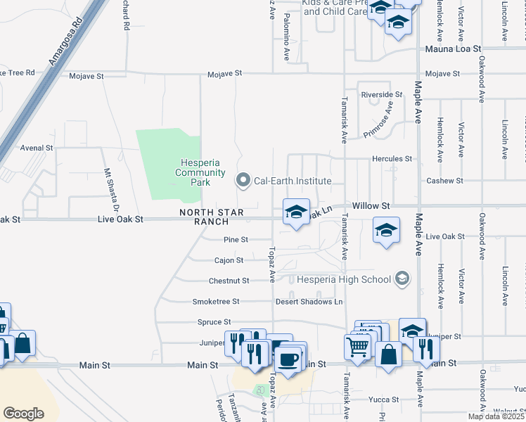 map of restaurants, bars, coffee shops, grocery stores, and more near 10121 Julianne Avenue in Hesperia