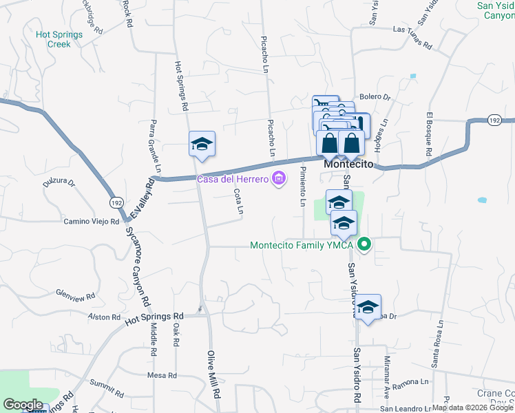 map of restaurants, bars, coffee shops, grocery stores, and more near 1381 East Valley Road in Montecito