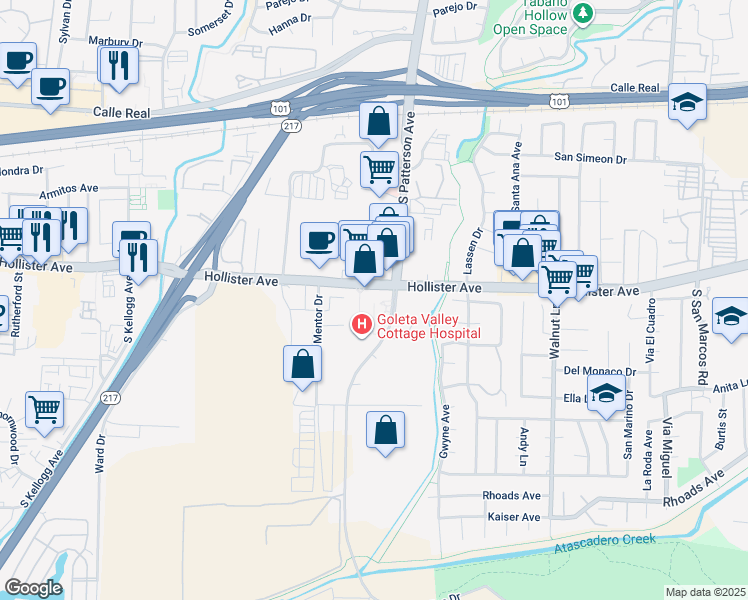 map of restaurants, bars, coffee shops, grocery stores, and more near 301 Mentor Drive in Goleta