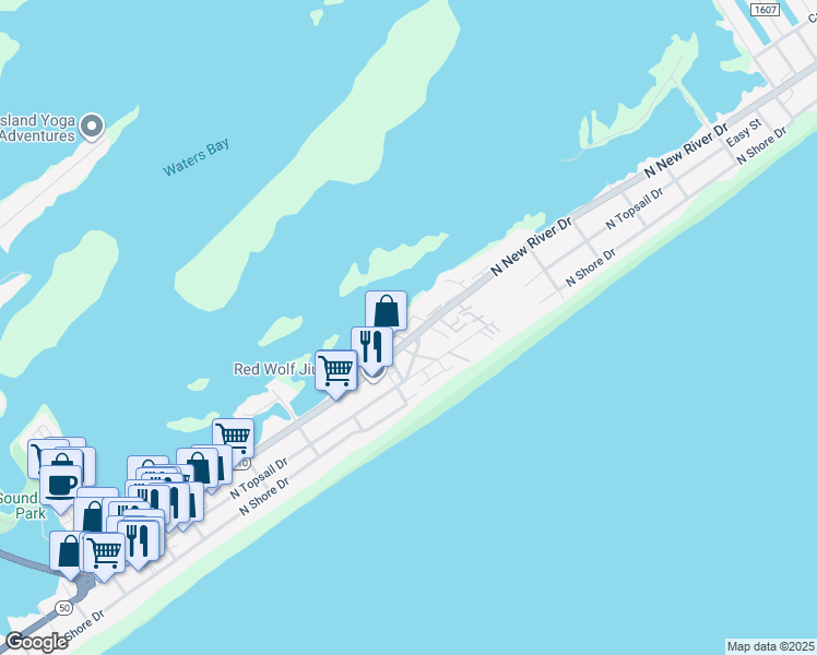 map of restaurants, bars, coffee shops, grocery stores, and more near 108 Egret Landing Court in Surf City