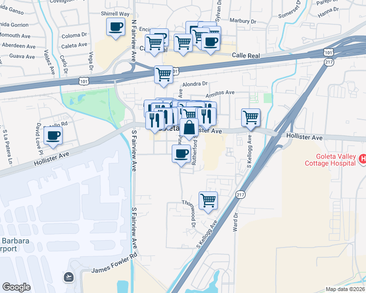 map of restaurants, bars, coffee shops, grocery stores, and more near 5775 Dawson Street in Goleta