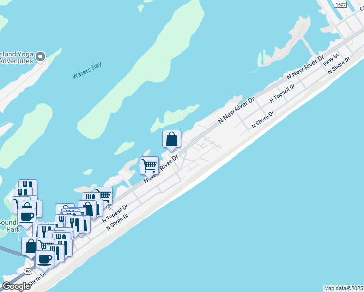 map of restaurants, bars, coffee shops, grocery stores, and more near 108 Egret Landing Court in Holly Ridge