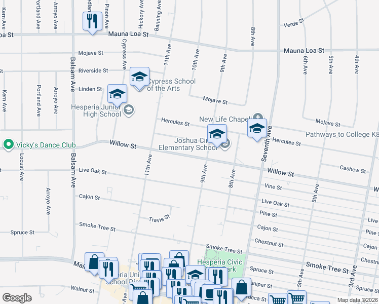 map of restaurants, bars, coffee shops, grocery stores, and more near 15800 Willow Street in Hesperia