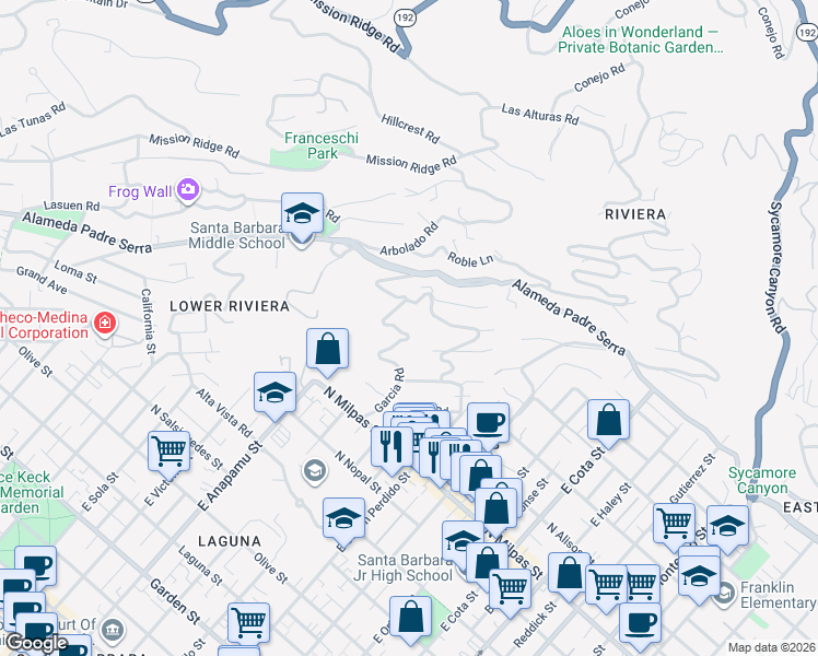 map of restaurants, bars, coffee shops, grocery stores, and more near 1000 Garcia Road in Santa Barbara