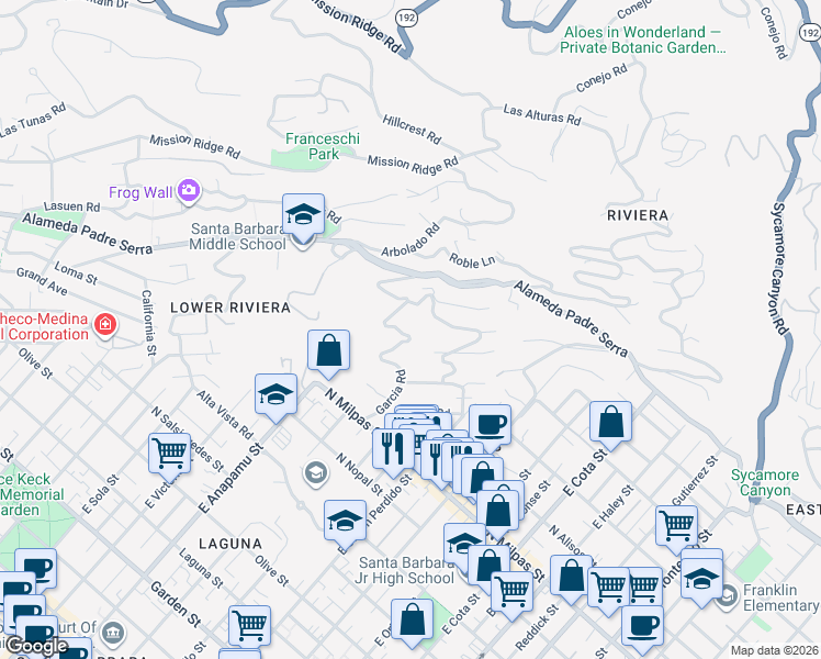 map of restaurants, bars, coffee shops, grocery stores, and more near 1000 Garcia Road in Santa Barbara
