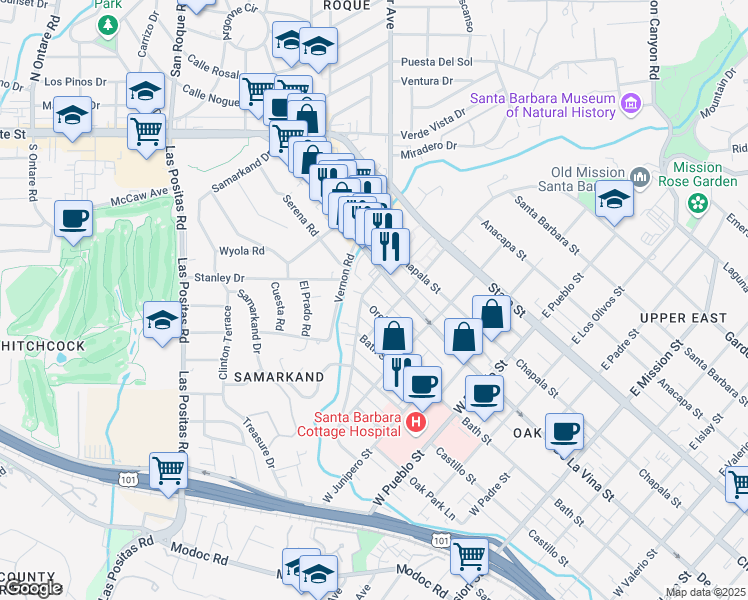 map of restaurants, bars, coffee shops, grocery stores, and more near 2611 Orella Street in Santa Barbara