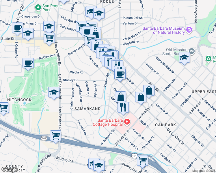 map of restaurants, bars, coffee shops, grocery stores, and more near 2729 Vernon Road in Santa Barbara