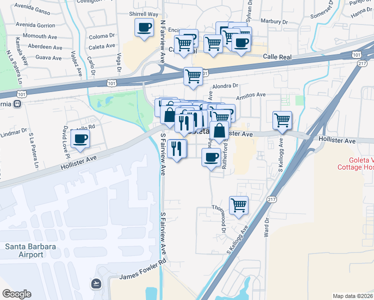map of restaurants, bars, coffee shops, grocery stores, and more near 5904 Carson Street in Goleta