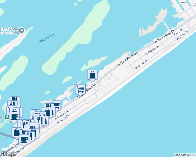 map of restaurants, bars, coffee shops, grocery stores, and more near 108 Egret Landing Court in Surf City
