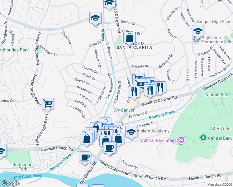 map of restaurants, bars, coffee shops, grocery stores, and more near 26834 Lugar De Oro Drive in Santa Clarita