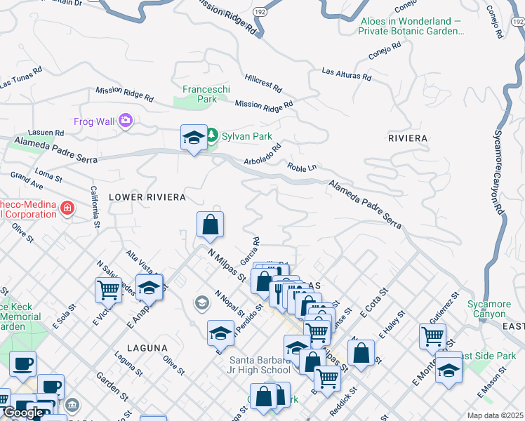 map of restaurants, bars, coffee shops, grocery stores, and more near 1022 Garcia Road in Santa Barbara