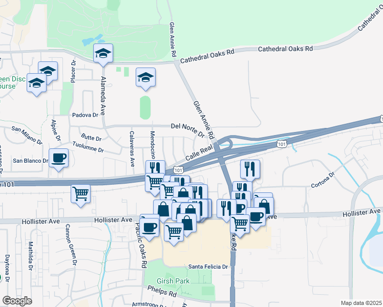 map of restaurants, bars, coffee shops, grocery stores, and more near 31 Colusa Drive in Goleta