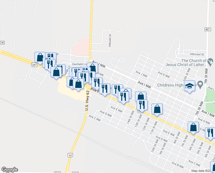 map of restaurants, bars, coffee shops, grocery stores, and more near 18th Street Northwest in Childress