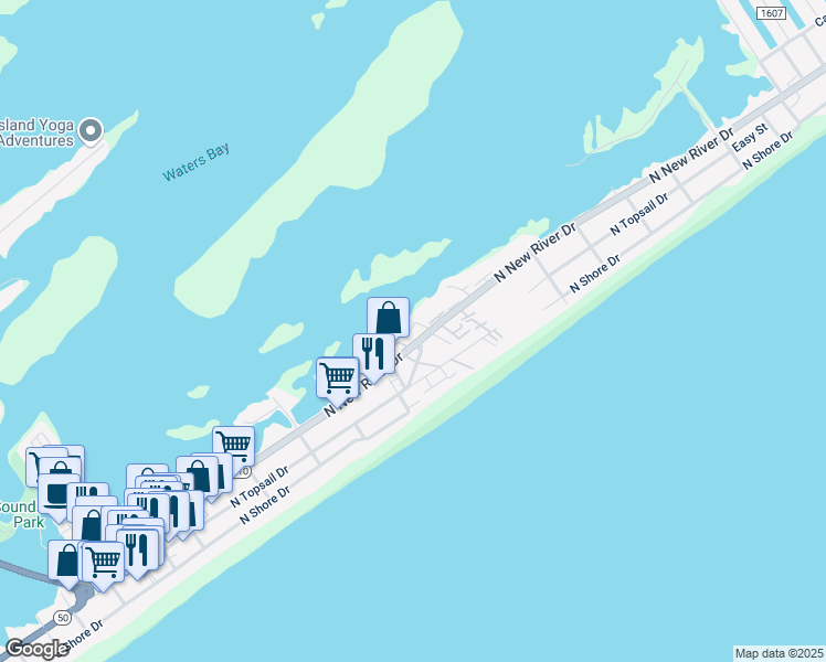 map of restaurants, bars, coffee shops, grocery stores, and more near 106 Egret Landing Court in Surf City