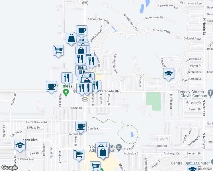 map of restaurants, bars, coffee shops, grocery stores, and more near 3508 Adenmor Court in Clovis