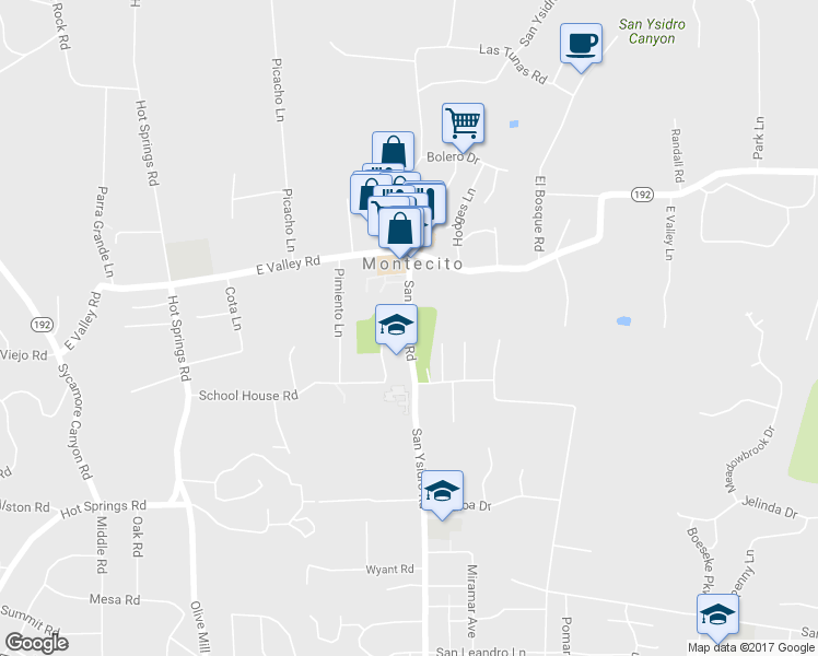 map of restaurants, bars, coffee shops, grocery stores, and more near 417 San Ysidro Road in Santa Barbara
