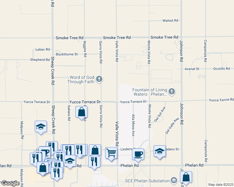 map of restaurants, bars, coffee shops, grocery stores, and more near 9116 Sierra Vista Drive in Phelan