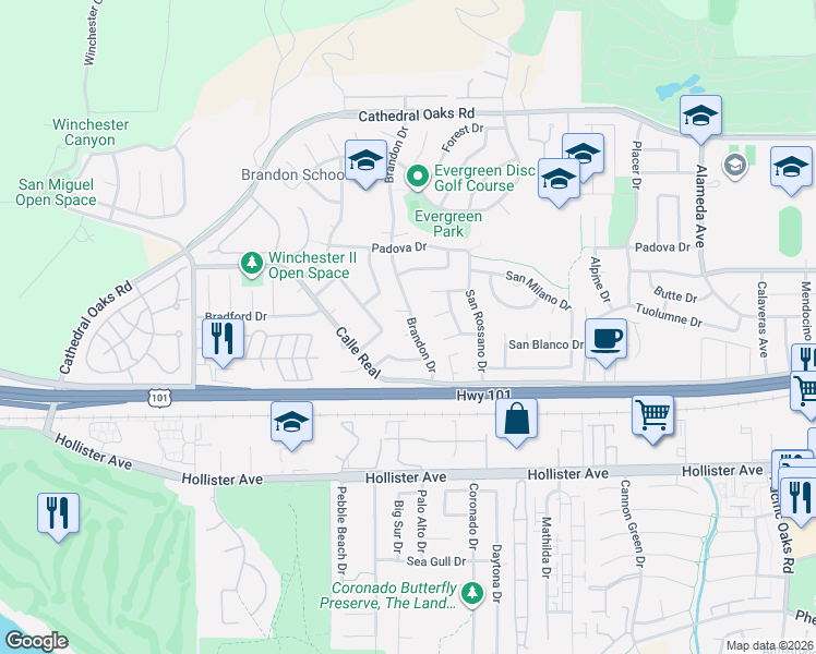 map of restaurants, bars, coffee shops, grocery stores, and more near 41 Brandon Drive in Goleta
