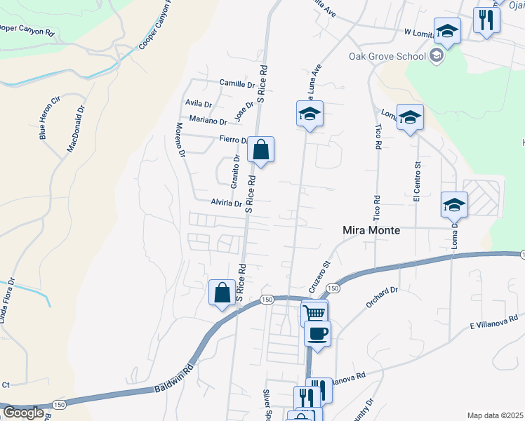 map of restaurants, bars, coffee shops, grocery stores, and more near 1204 South Rice Road in Ojai
