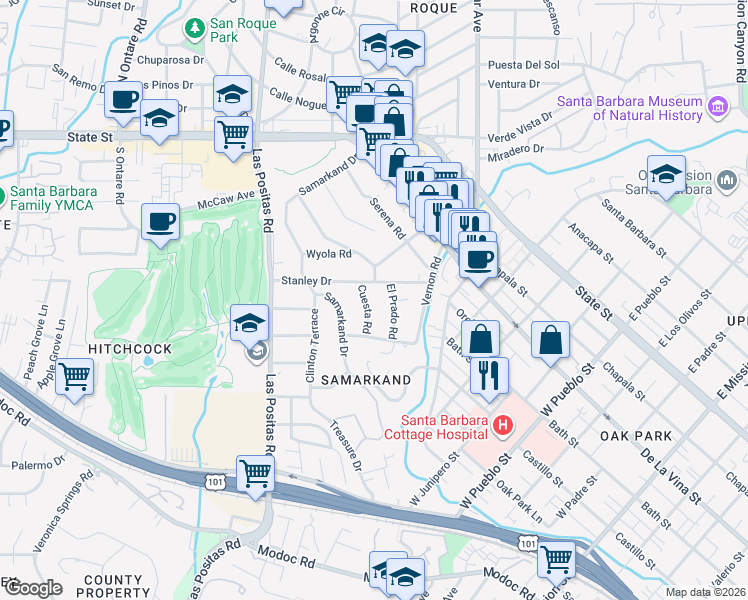 map of restaurants, bars, coffee shops, grocery stores, and more near 2725 El Prado Road in Santa Barbara