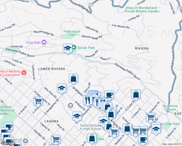map of restaurants, bars, coffee shops, grocery stores, and more near 1022 Garcia Road in Santa Barbara