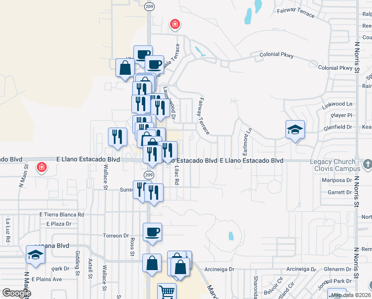 map of restaurants, bars, coffee shops, grocery stores, and more near 940-1040 East Llano Estacado Boulevard in Clovis