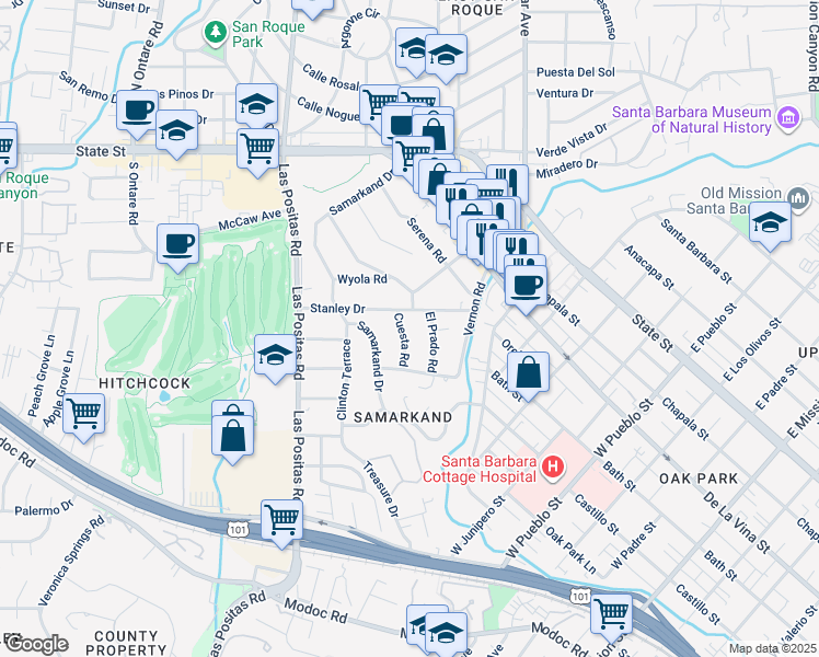 map of restaurants, bars, coffee shops, grocery stores, and more near 2736 Cuesta Road in Santa Barbara