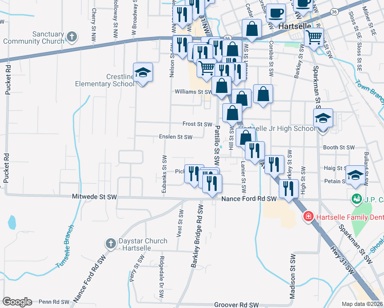 map of restaurants, bars, coffee shops, grocery stores, and more near 722 Larkwood Circle Southwest in Hartselle