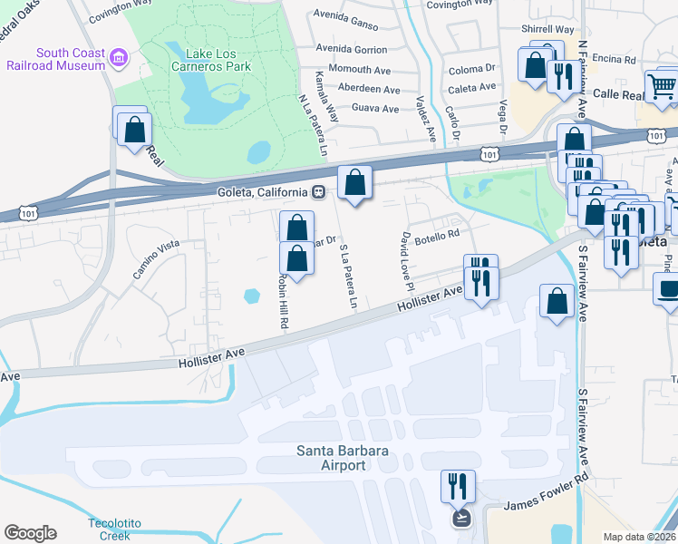 map of restaurants, bars, coffee shops, grocery stores, and more near 133 S La Patera Ln in Goleta