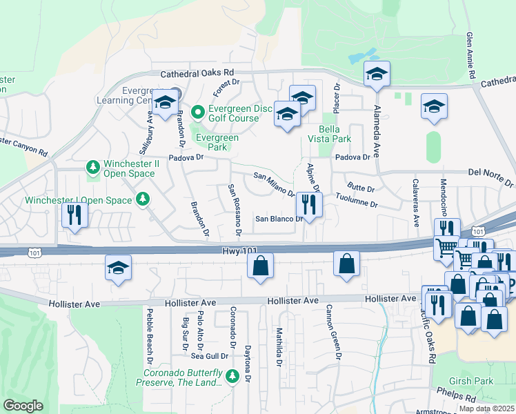 map of restaurants, bars, coffee shops, grocery stores, and more near 7449 San Blanco Drive in Goleta
