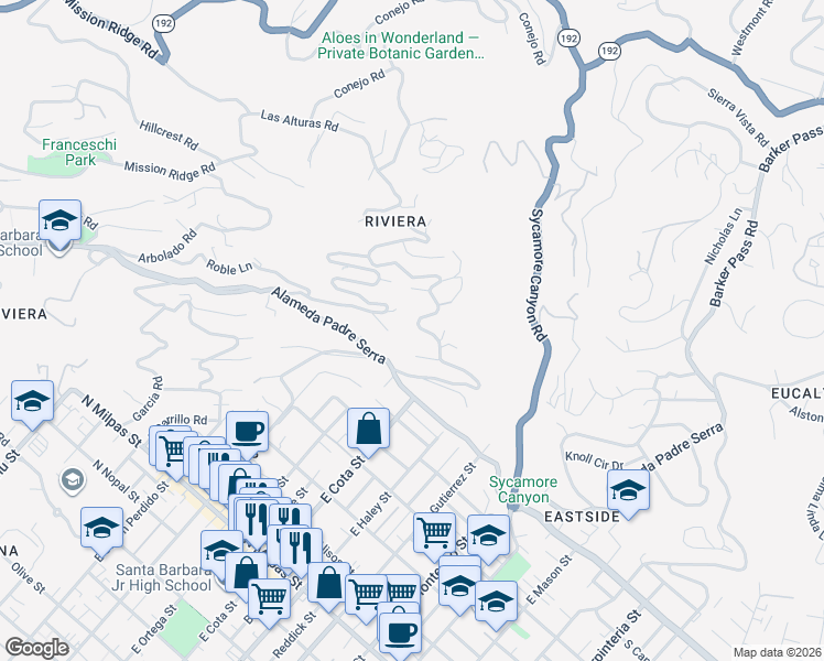 map of restaurants, bars, coffee shops, grocery stores, and more near 612 Holmcrest Road in Santa Barbara