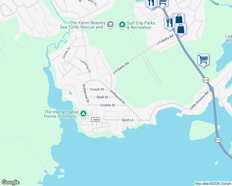 map of restaurants, bars, coffee shops, grocery stores, and more near 807 Driftwood Drive in Hampstead