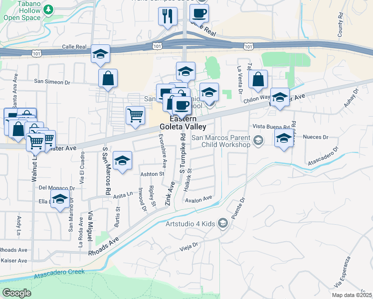 map of restaurants, bars, coffee shops, grocery stores, and more near 351 Rosemead Street in Santa Barbara